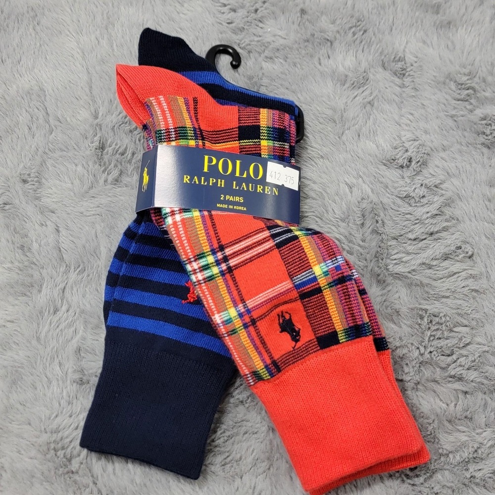 Polo Ralph Lauren Socks Mens 10-13 Red Plaid Stripe Pony Crew Mid Calf 2 Pairs